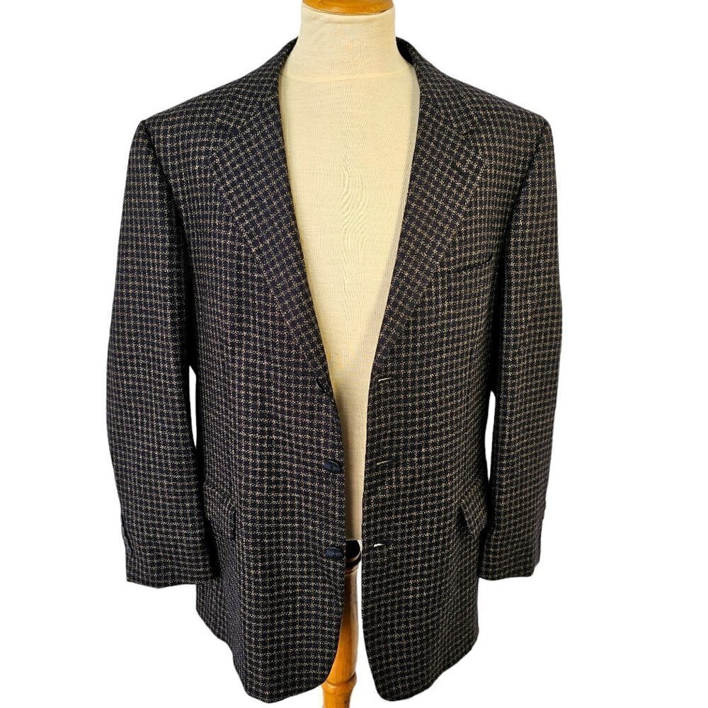 80s Jean Baptiste Caumont 3 Button Sport Coat Navy Taupe Wool Ventless Mens 42R